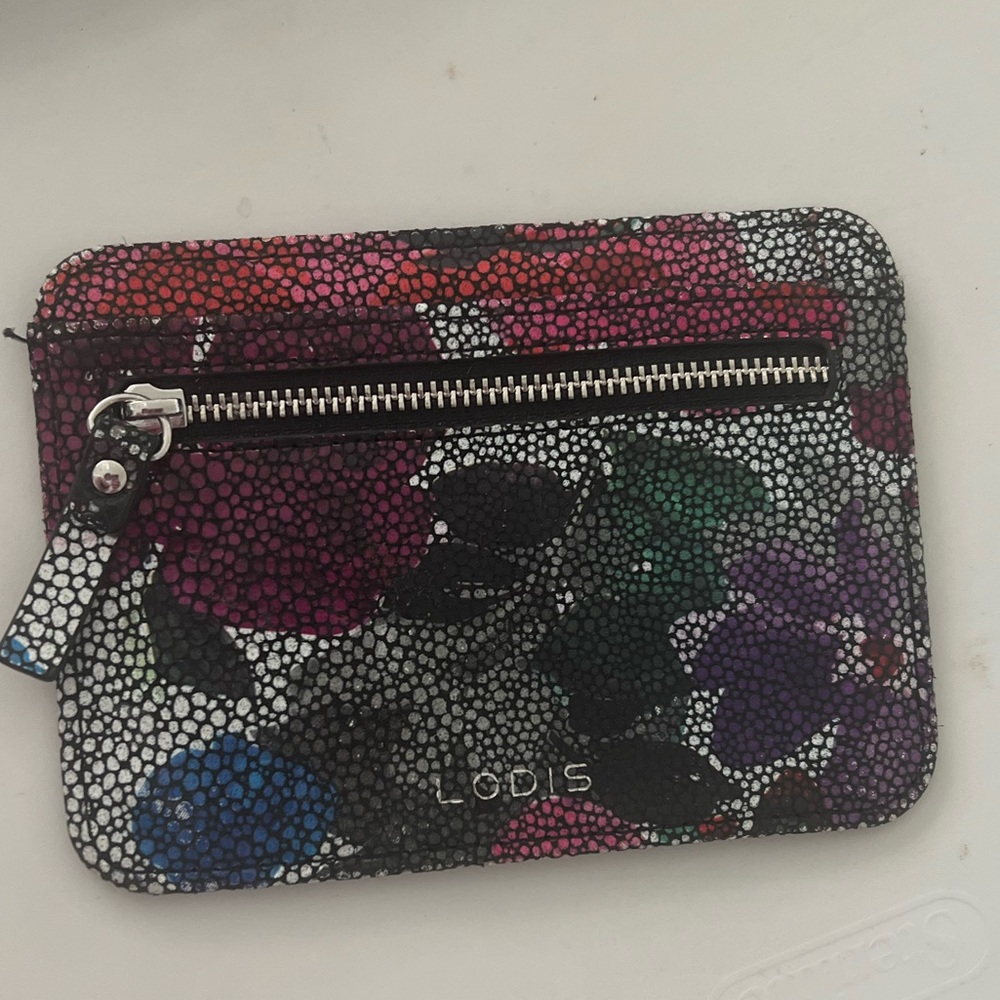 Lodis Multicolor Floral Pebbled Leather Zip Card Pouch